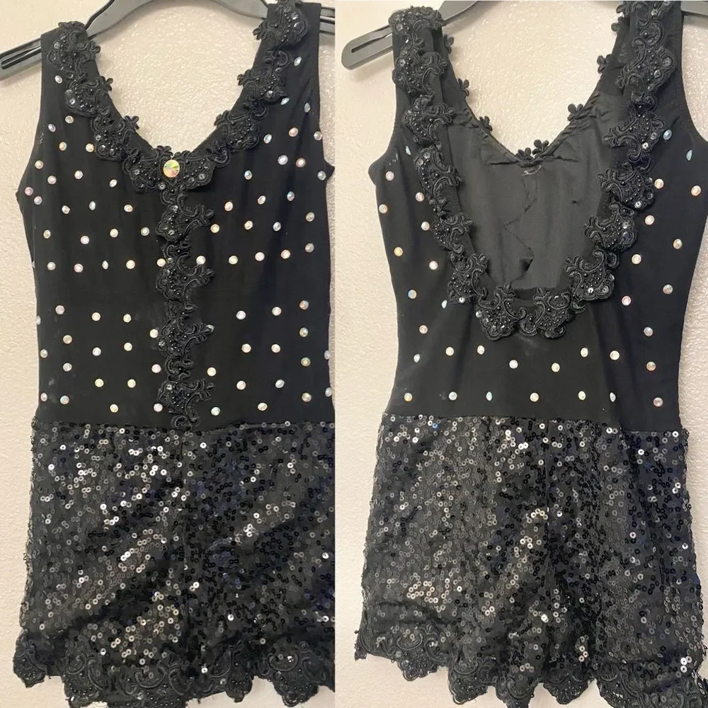 Glamour solo dance costume black mesh biketard bling jazz musical MA adult